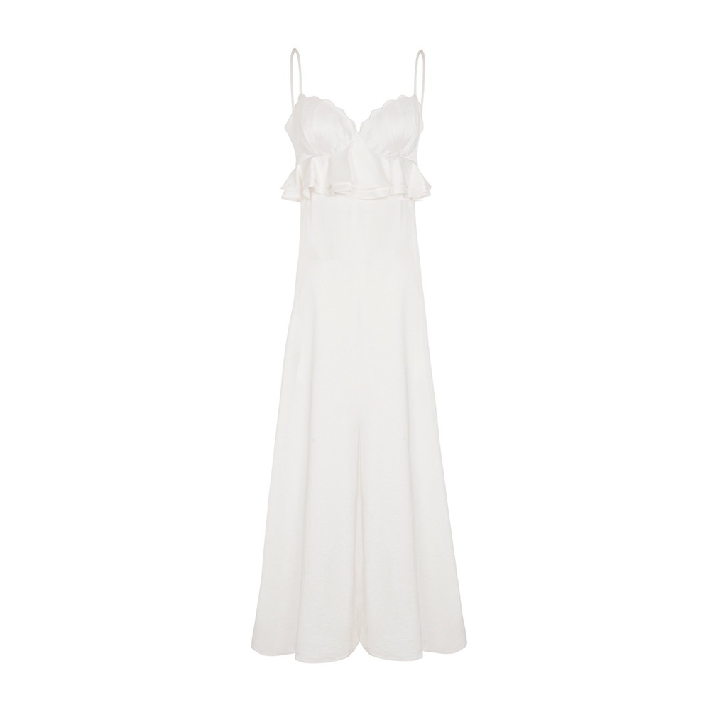 This shell jumpsuit in Italian white satin is classy and fashionable.